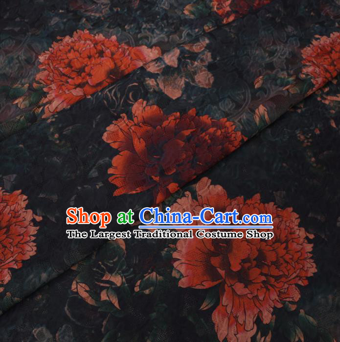 Chinese Classical Peony Flowers Pattern Design Black Watered Gauze Fabric Asian Traditional Silk Material