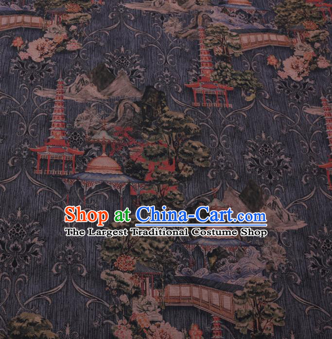 Chinese Cheongsam Classical Tower Pattern Design Grey Watered Gauze Fabric Asian Traditional Silk Material