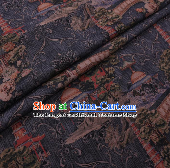 Chinese Cheongsam Classical Tower Pattern Design Grey Watered Gauze Fabric Asian Traditional Silk Material