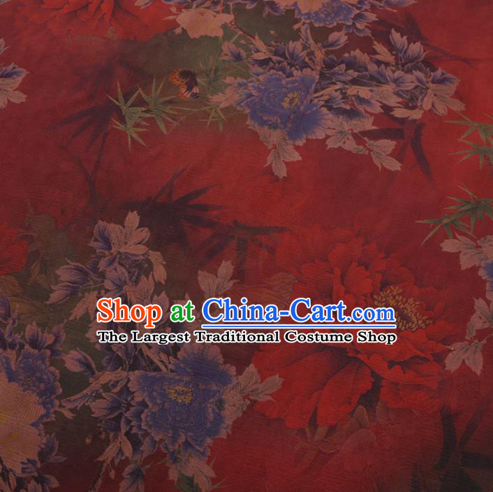 Chinese Cheongsam Classical Peony Bamboo Pattern Design Red Watered Gauze Fabric Asian Traditional Silk Material