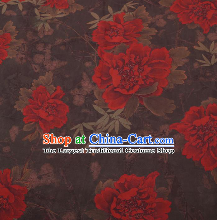 Chinese Cheongsam Classical Peony Pattern Design Brown Watered Gauze Fabric Asian Traditional Silk Material