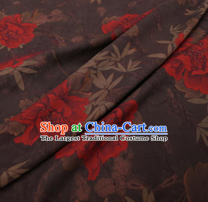 Chinese Cheongsam Classical Peony Pattern Design Brown Watered Gauze Fabric Asian Traditional Silk Material
