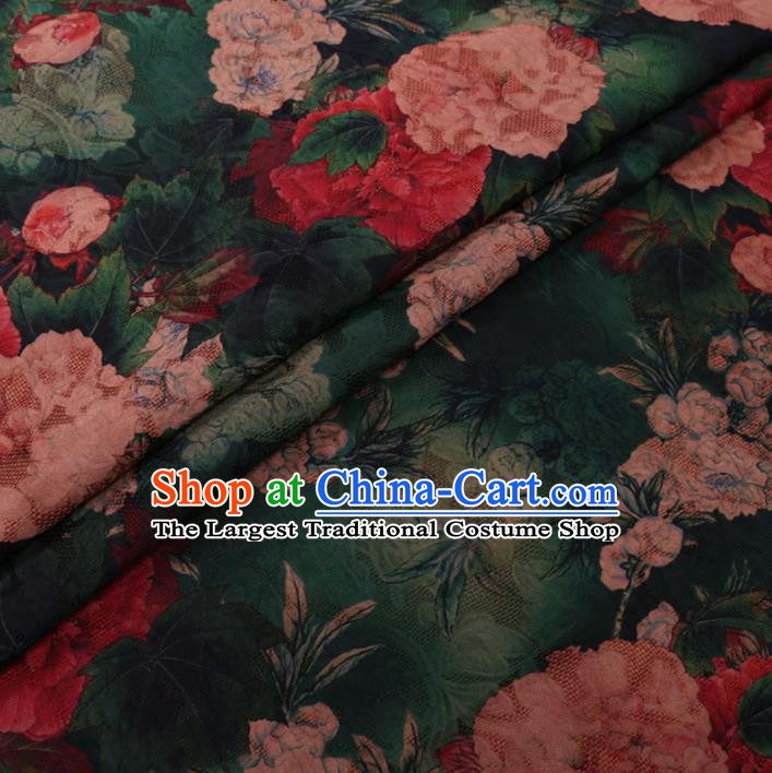 Chinese Cheongsam Classical Peony Pattern Design Deep Green Watered Gauze Fabric Asian Traditional Silk Material
