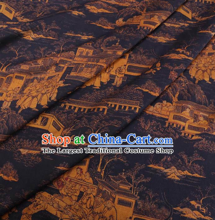 Chinese Cheongsam Classical Folklore Pattern Design Black Watered Gauze Fabric Asian Traditional Silk Material