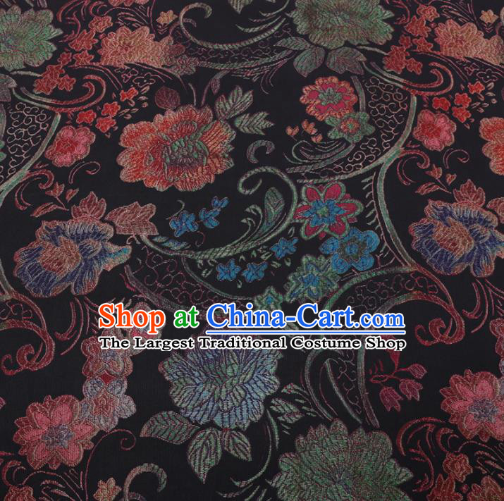 Chinese Cheongsam Classical Flowers Pattern Design Black Watered Gauze Fabric Asian Traditional Silk Material