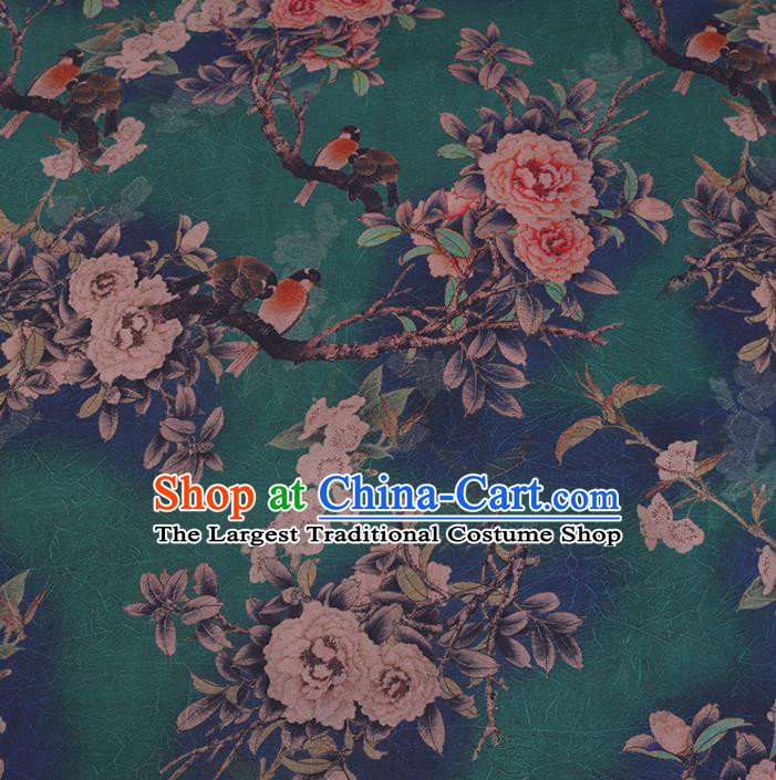 Chinese Cheongsam Classical Peony Bird Pattern Design Green Watered Gauze Fabric Asian Traditional Silk Material