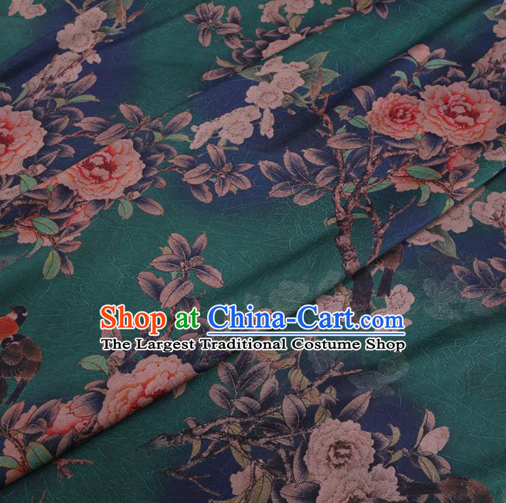 Chinese Cheongsam Classical Peony Bird Pattern Design Green Watered Gauze Fabric Asian Traditional Silk Material