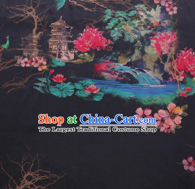 Chinese Cheongsam Classical Peach Blossom Lotus Pattern Design Black Watered Gauze Fabric Asian Traditional Silk Material