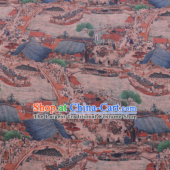 Chinese Cheongsam Classical Riverside Scene at Qingming Festival Pattern Design Watered Gauze Fabric Asian Traditional Silk Material