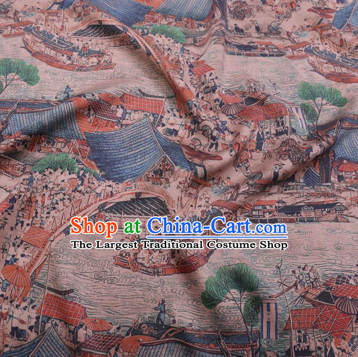 Chinese Cheongsam Classical Riverside Scene at Qingming Festival Pattern Design Watered Gauze Fabric Asian Traditional Silk Material