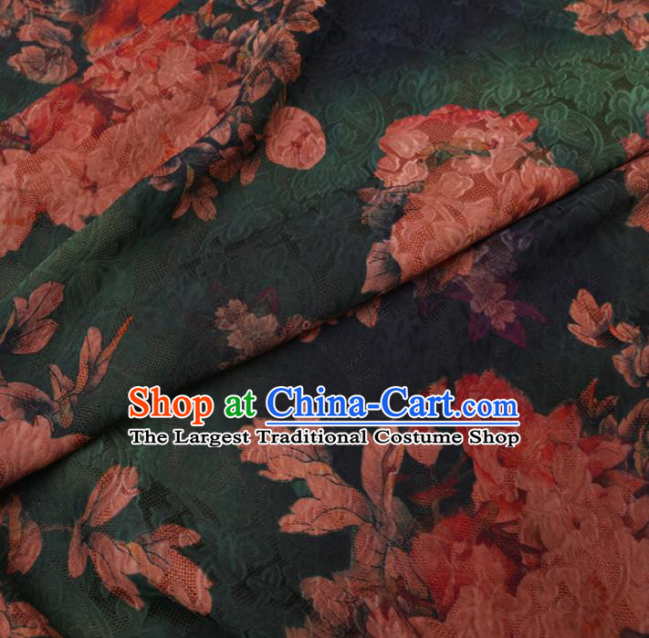 Asian Chinese Classical Peony Pattern Design Deep Green Watered Gauze Fabric Traditional Silk Material