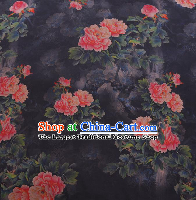 Chinese Cheongsam Classical Peony Pattern Design Navy Watered Gauze Fabric Asian Traditional Silk Material