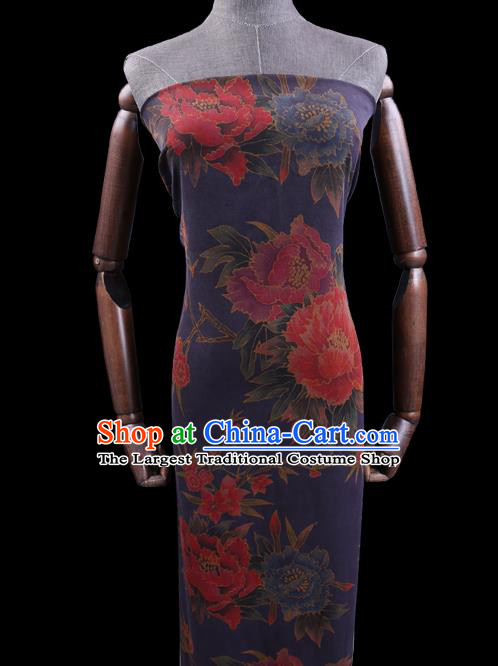 Chinese Cheongsam Classical Peony Plum Pattern Design Deep Blue Watered Gauze Fabric Asian Traditional Silk Material