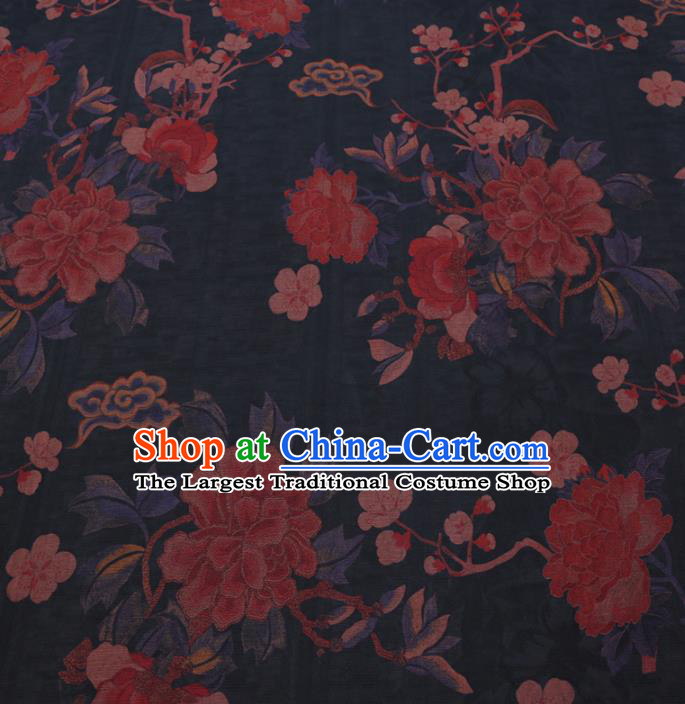 Chinese Cheongsam Classical Peony Plum Pattern Design Black Watered Gauze Fabric Asian Traditional Silk Material