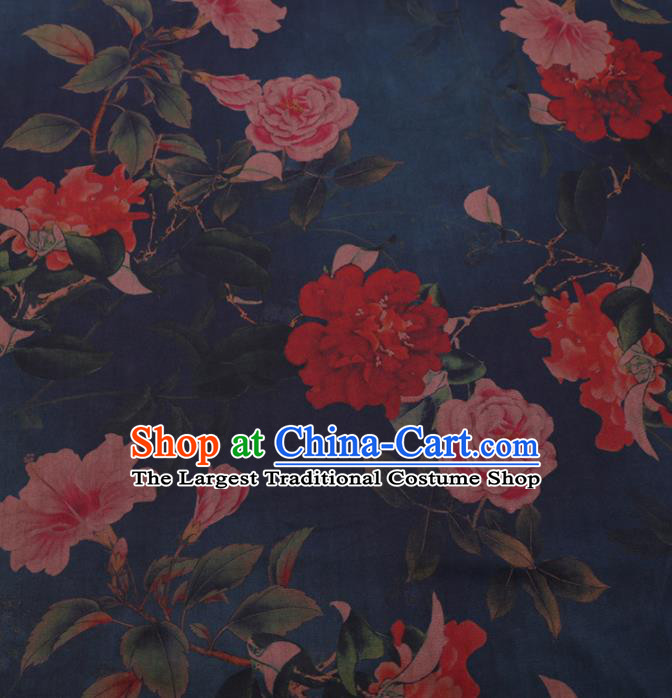 Chinese Cheongsam Classical Peony Flowers Pattern Design Navy Watered Gauze Fabric Asian Traditional Silk Material