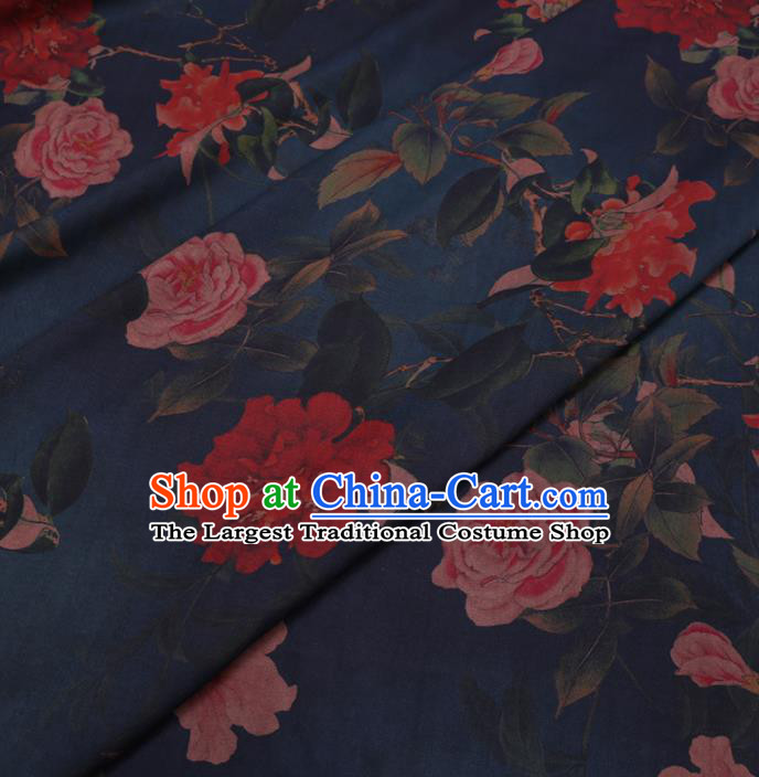 Chinese Cheongsam Classical Peony Flowers Pattern Design Navy Watered Gauze Fabric Asian Traditional Silk Material