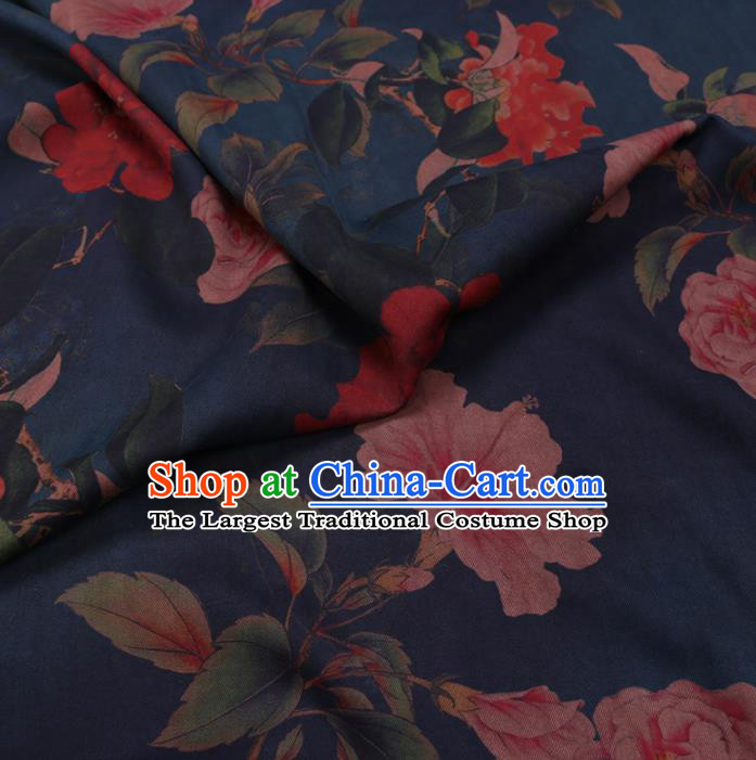 Chinese Cheongsam Classical Peony Flowers Pattern Design Navy Watered Gauze Fabric Asian Traditional Silk Material