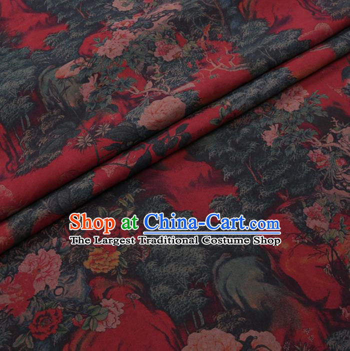 Chinese Cheongsam Classical Peony Tree Pattern Design Red Watered Gauze Fabric Asian Traditional Silk Material