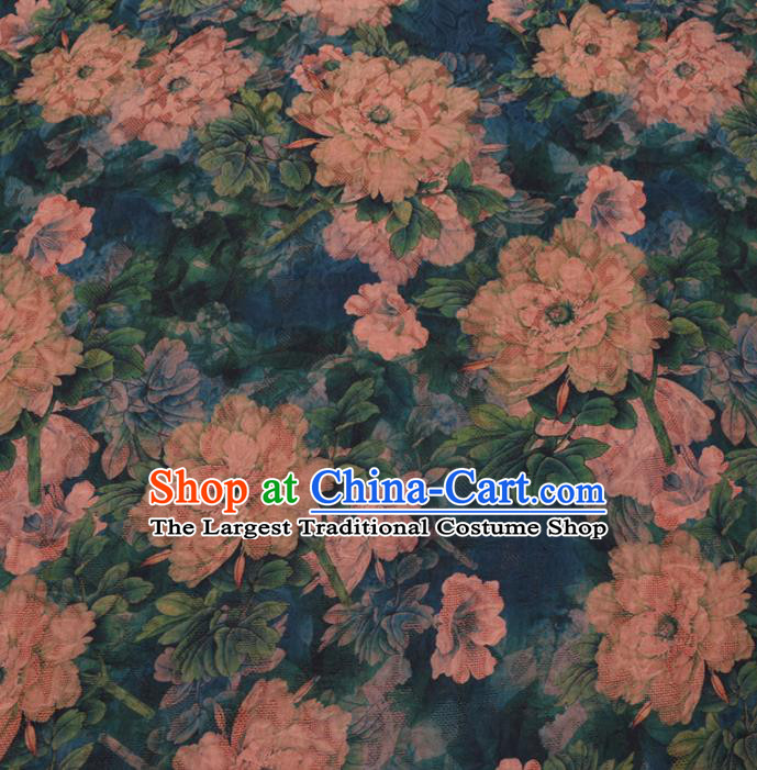 Asian Chinese Classical Peony Pattern Design Blue Watered Gauze Fabric Traditional Silk Material