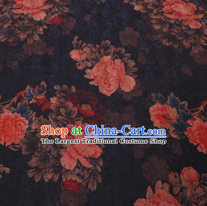 Chinese Cheongsam Classical Peony Pattern Design Black Watered Gauze Fabric Asian Traditional Silk Material