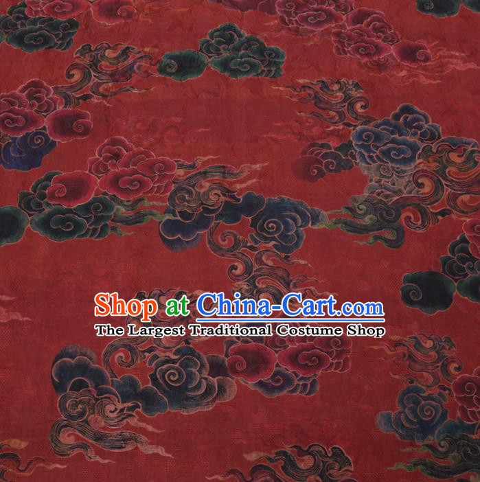 Asian Chinese Classical Auspicious Cloud Pattern Design Dark Red Watered Gauze Fabric Traditional Silk Material