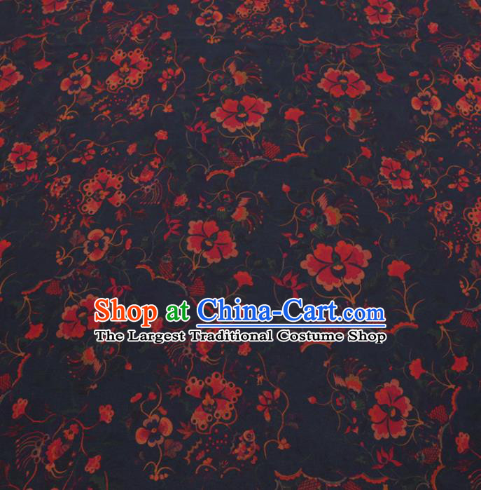 Chinese Cheongsam Classical Flowers Pattern Design Navy Watered Gauze Fabric Asian Traditional Silk Material