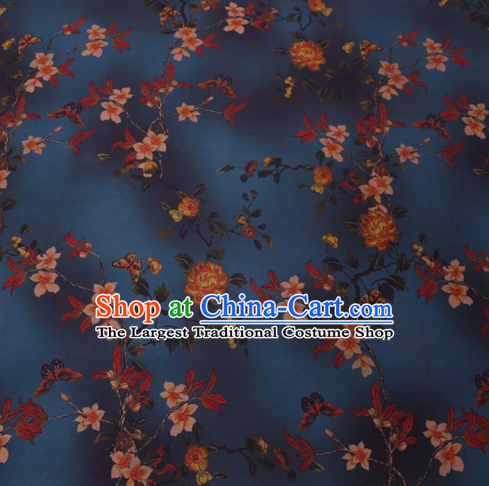 Chinese Cheongsam Classical Rose Pattern Design Navy Watered Gauze Fabric Asian Traditional Silk Material