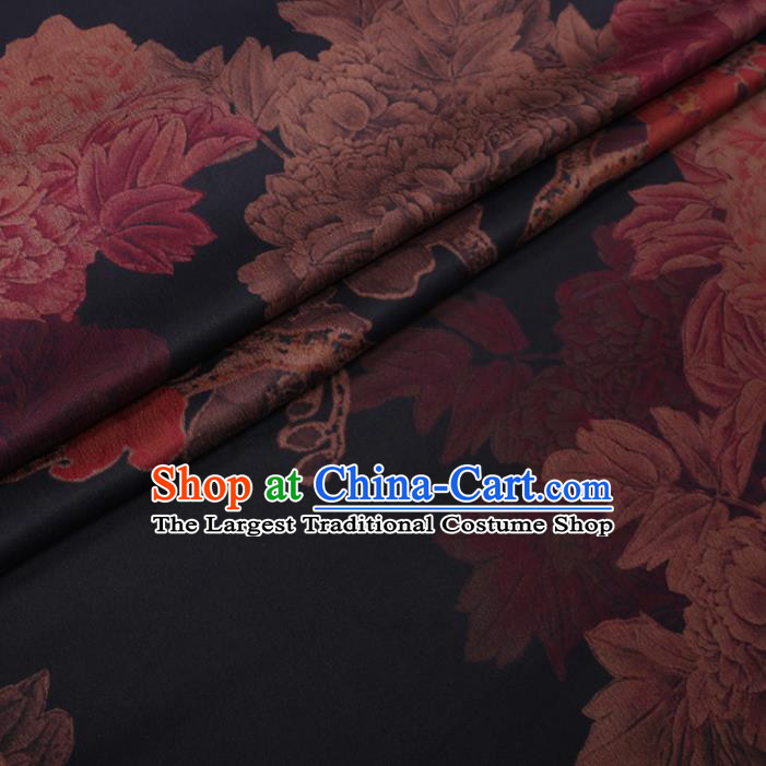 Chinese Cheongsam Classical Magnolia Peony Pattern Design Black Watered Gauze Fabric Asian Traditional Silk Material