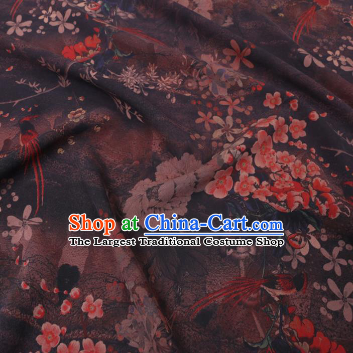 Chinese Cheongsam Classical Plum Peony Pattern Design Brown Watered Gauze Fabric Asian Traditional Silk Material