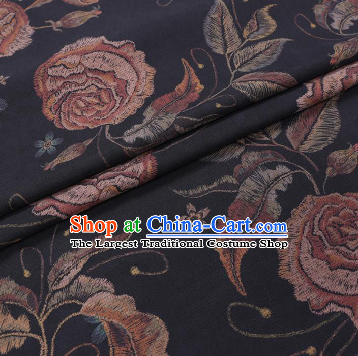 Chinese Cheongsam Classical Rose Flowers Pattern Design Black Watered Gauze Fabric Asian Traditional Silk Material