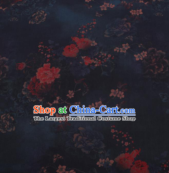 Chinese Cheongsam Classical Peony Plum Pattern Design Navy Blue Watered Gauze Fabric Asian Traditional Silk Material