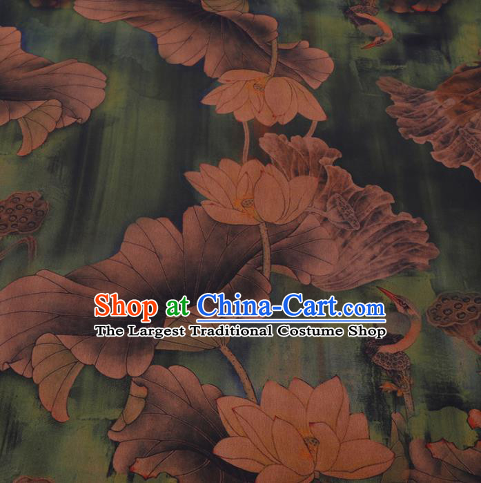 Chinese Cheongsam Classical Lotus Goose Pattern Design Green Watered Gauze Fabric Asian Traditional Silk Material