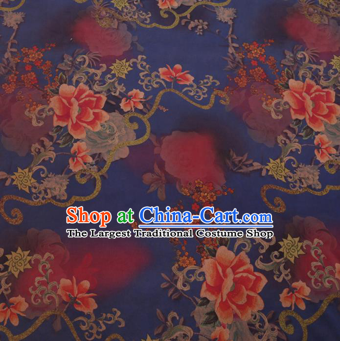 Chinese Cheongsam Classical Peony Plum Pattern Design Deep Blue Watered Gauze Fabric Asian Traditional Silk Material