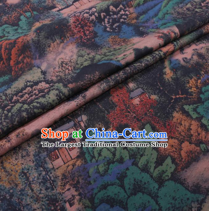 Chinese Cheongsam Classical Landscape Pattern Design Deep Blue Watered Gauze Fabric Asian Traditional Silk Material