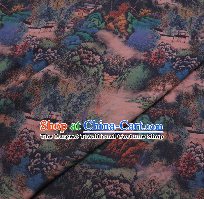 Chinese Cheongsam Classical Landscape Pattern Design Deep Blue Watered Gauze Fabric Asian Traditional Silk Material