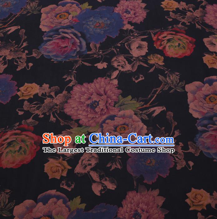 Chinese Cheongsam Classical Peony Flowers Pattern Design Black Watered Gauze Fabric Asian Traditional Silk Material