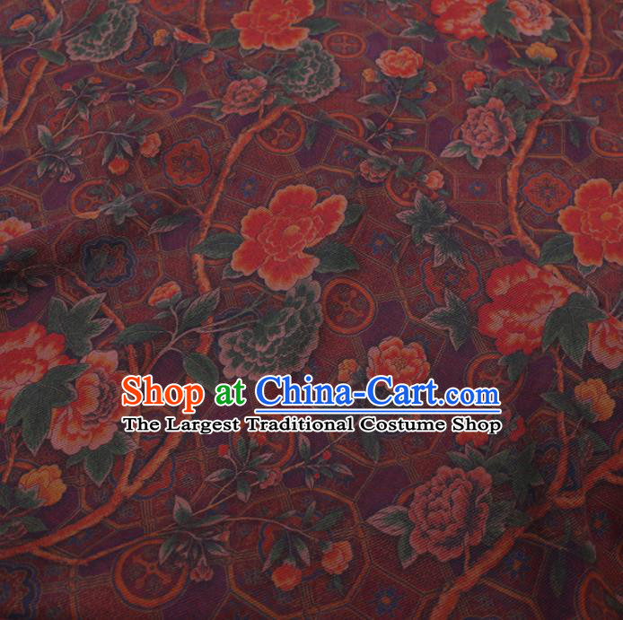 Chinese Cheongsam Classical Peony Flowers Pattern Design Purple Watered Gauze Fabric Asian Traditional Silk Material