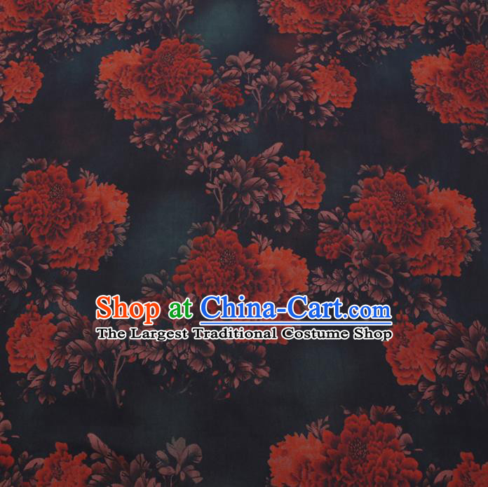 Chinese Cheongsam Classical Peony Pattern Design Black Watered Gauze Fabric Asian Traditional Silk Material