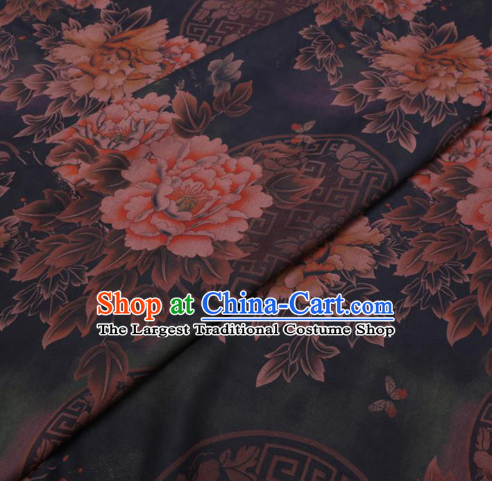 Chinese Cheongsam Classical Rich Peony Pattern Design Black Watered Gauze Fabric Asian Traditional Silk Material