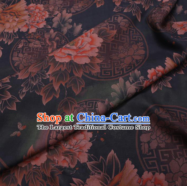 Chinese Cheongsam Classical Rich Peony Pattern Design Black Watered Gauze Fabric Asian Traditional Silk Material