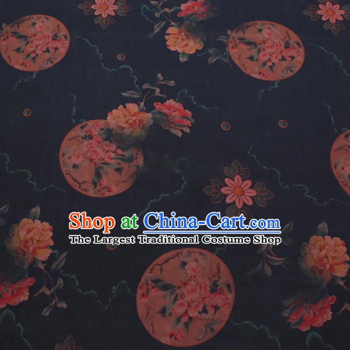 Chinese Cheongsam Classical Peony Fan Pattern Design Black Watered Gauze Fabric Asian Traditional Silk Material