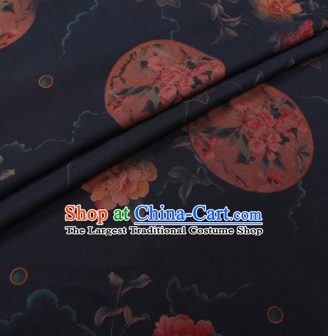 Chinese Cheongsam Classical Peony Fan Pattern Design Black Watered Gauze Fabric Asian Traditional Silk Material