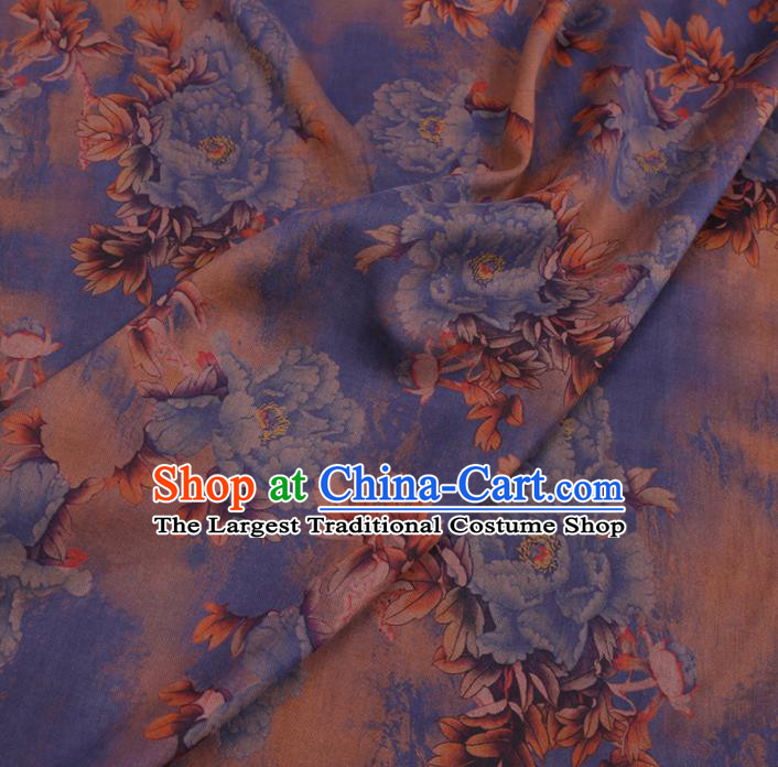 Chinese Cheongsam Classical Blue Peony Pattern Design Ginger Watered Gauze Fabric Asian Traditional Silk Material