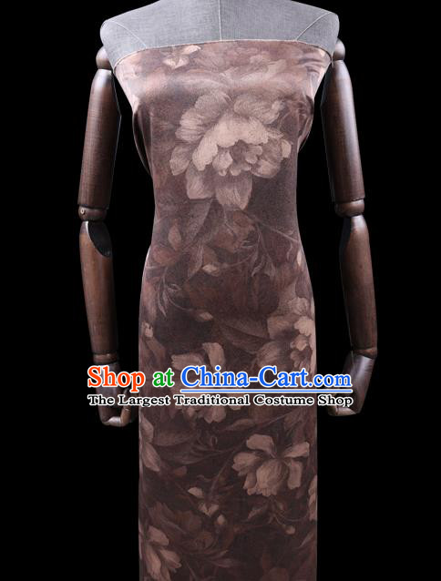 Chinese Cheongsam Classical Lotus Flowers Pattern Design Brown Watered Gauze Fabric Asian Traditional Silk Material