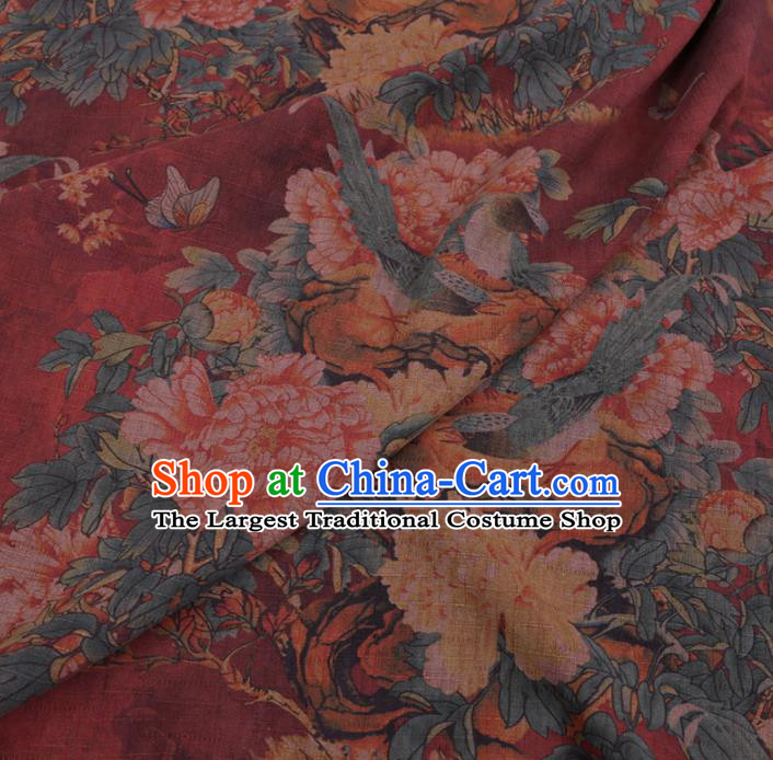 Chinese Cheongsam Classical Peony Bird Pattern Design Wine Red Watered Gauze Fabric Asian Traditional Silk Material