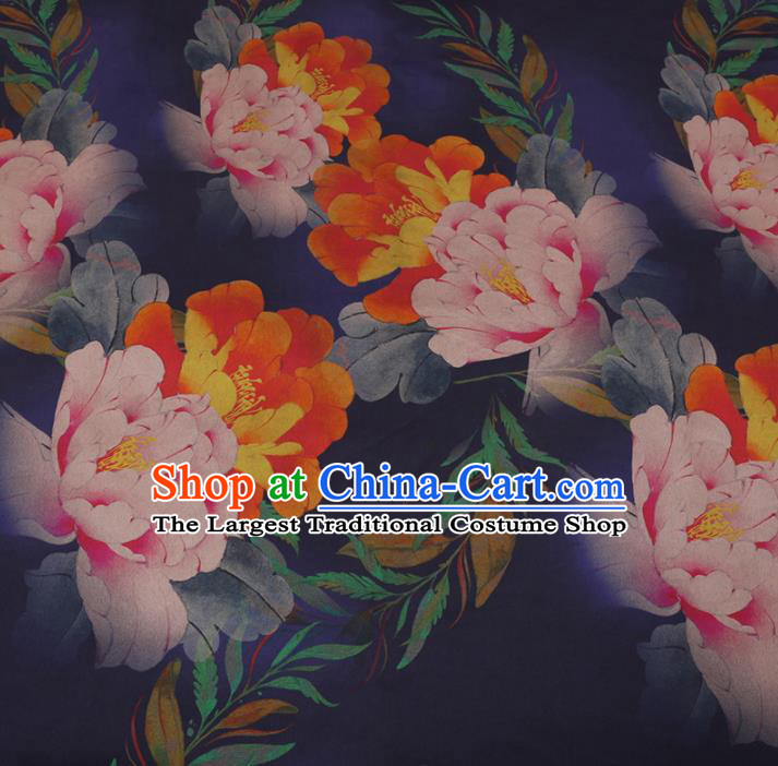 Chinese Cheongsam Classical Peony Pattern Design Navy Blue Watered Gauze Fabric Asian Traditional Silk Material