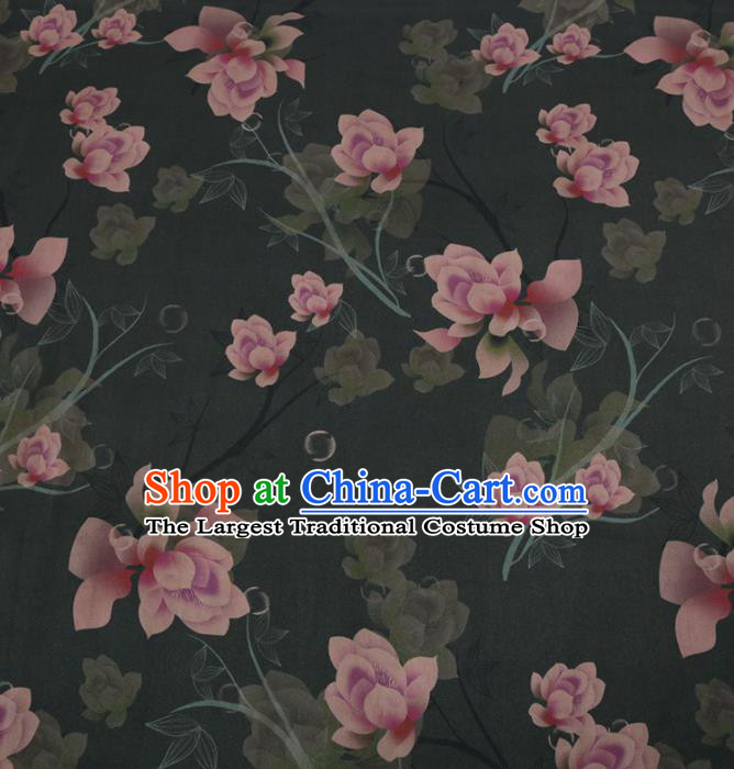 Chinese Cheongsam Classical Lotus Orchid Pattern Design Atrovirens Watered Gauze Fabric Asian Traditional Silk Material