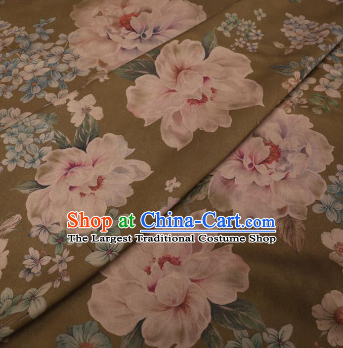 Chinese Cheongsam Classical Camellia Pattern Design Olive Green Watered Gauze Fabric Asian Traditional Silk Material