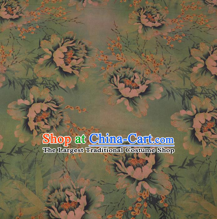 Chinese Cheongsam Classical Peony Jasminum Pattern Design Green Watered Gauze Fabric Asian Traditional Silk Material