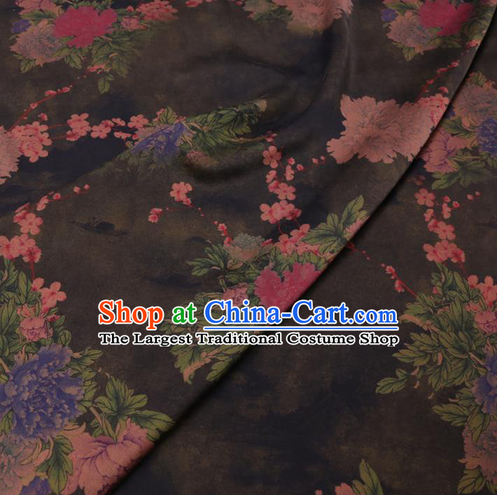 Chinese Cheongsam Classical Plum Peony Pattern Design Black Watered Gauze Fabric Asian Traditional Silk Material